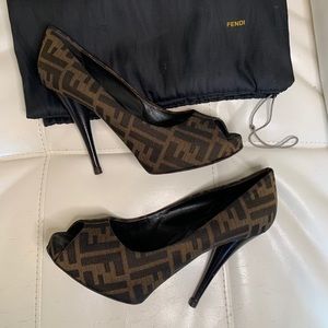 Fendi Tobacco Zucca Canvas Peep Toe Pumps Size 40